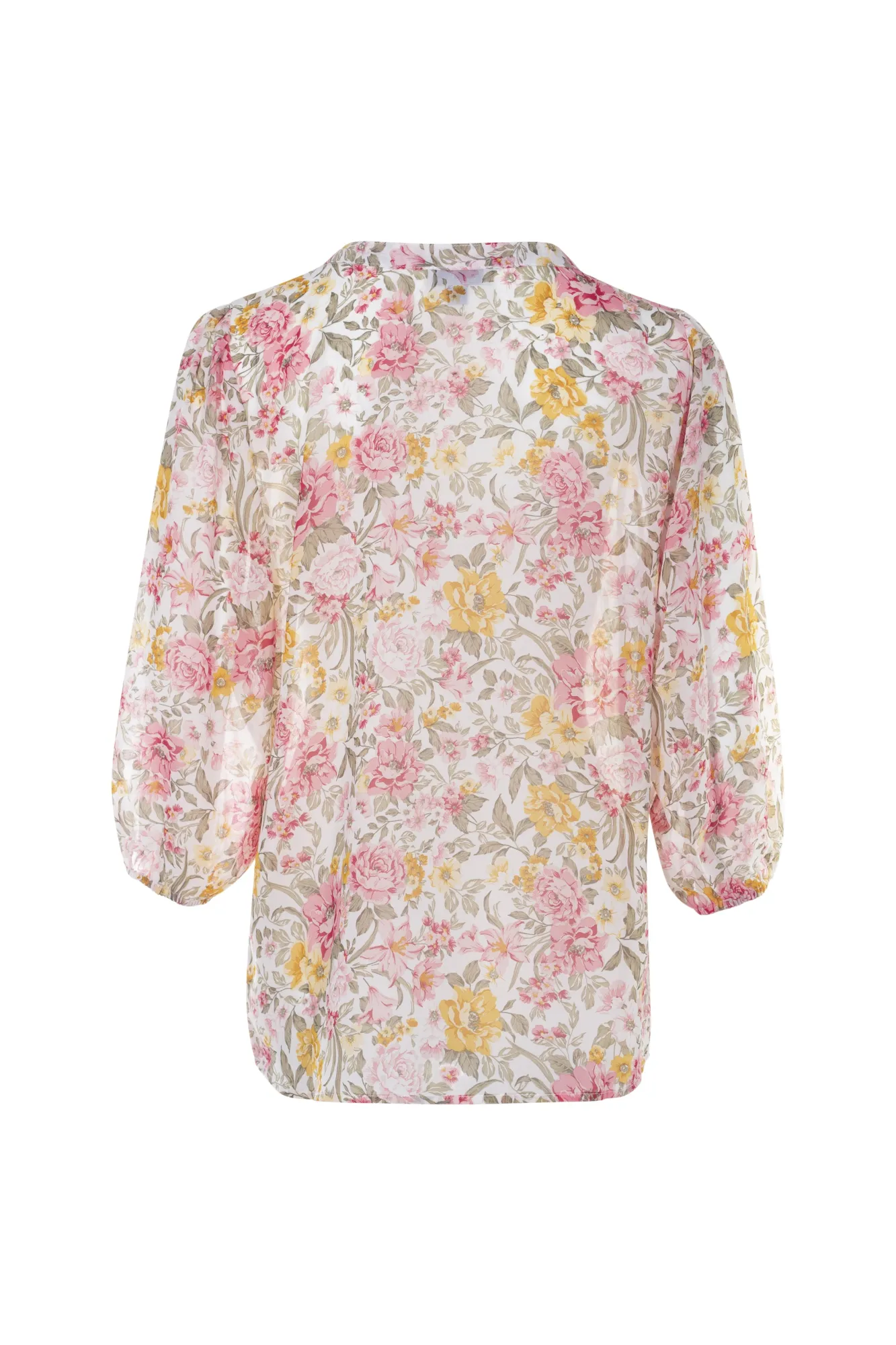 3/4 sleeve Printed Chiffon Top | Cream Pink Rose | 7124AR