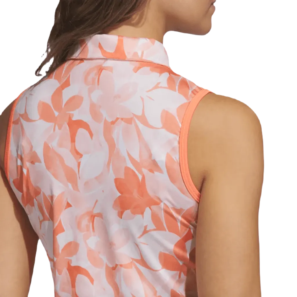 Adidas Ladies Floral Sleeveless Golf Polo Shirt - Orange