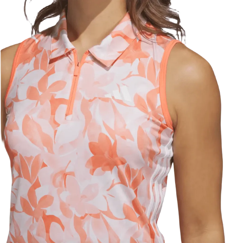 Adidas Ladies Floral Sleeveless Golf Polo Shirt - Orange