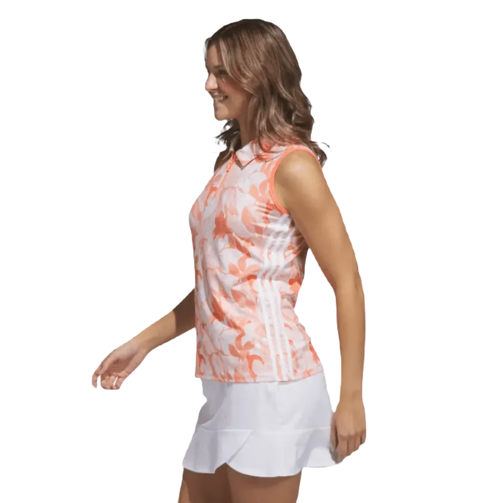 Adidas Ladies Floral Sleeveless Golf Polo Shirt - Orange