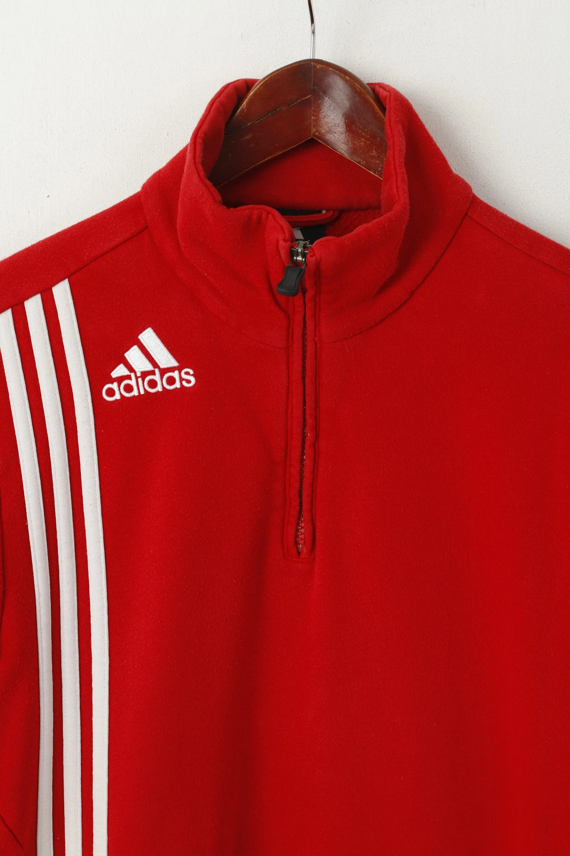 Adidas Men 38/40 M Sweatshirt Red Cotton Sport Zip neck 3 Stripe Sportswear Top