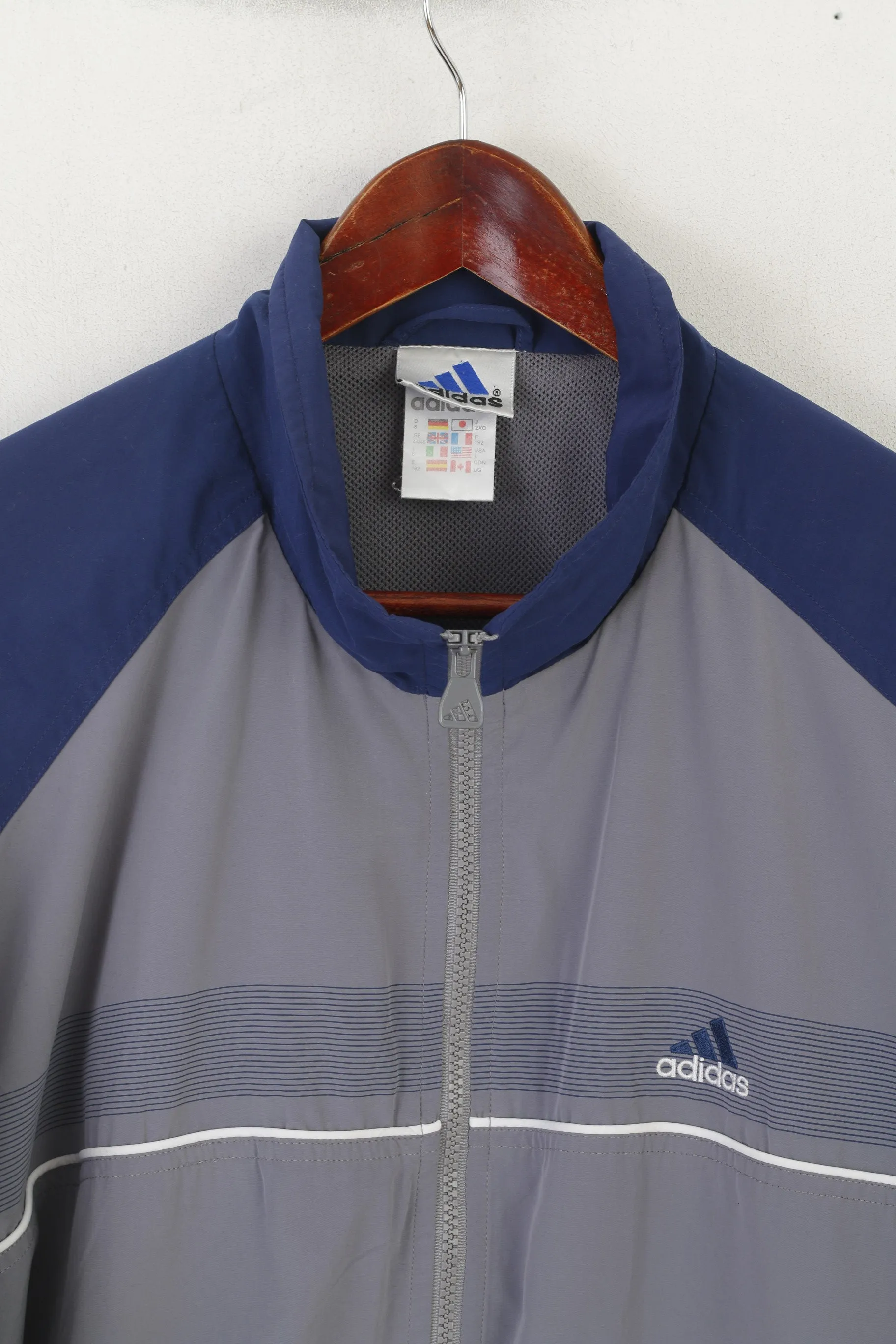 Adidas Men L Jacket Navy Gray Vintage Full Zipper 90s Lightweight Sportswear Top