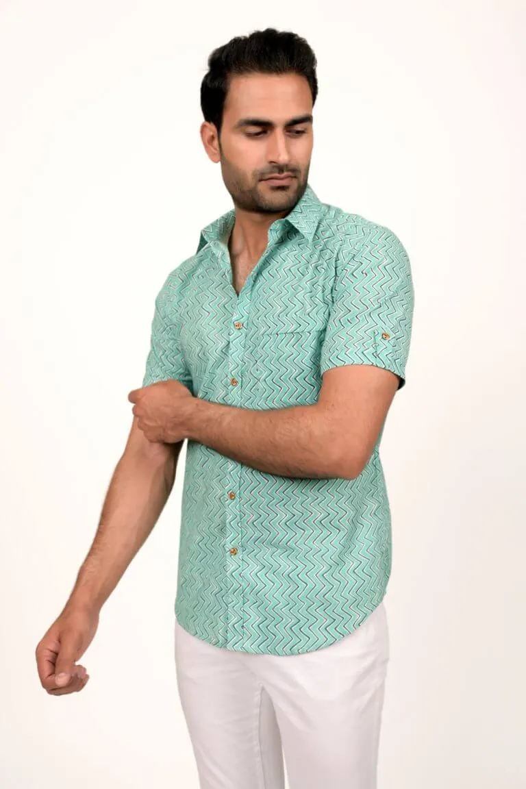 Aqua Blue Printed Half Sleeve Shirt