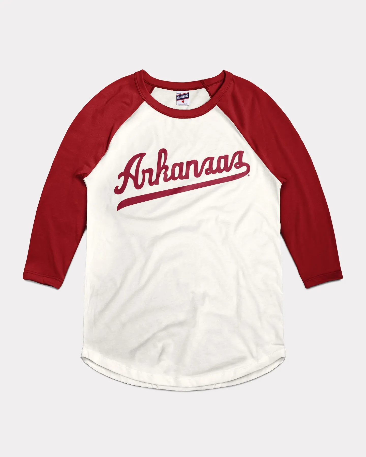 Arkansas Baseball Script White & Cardinal Raglan