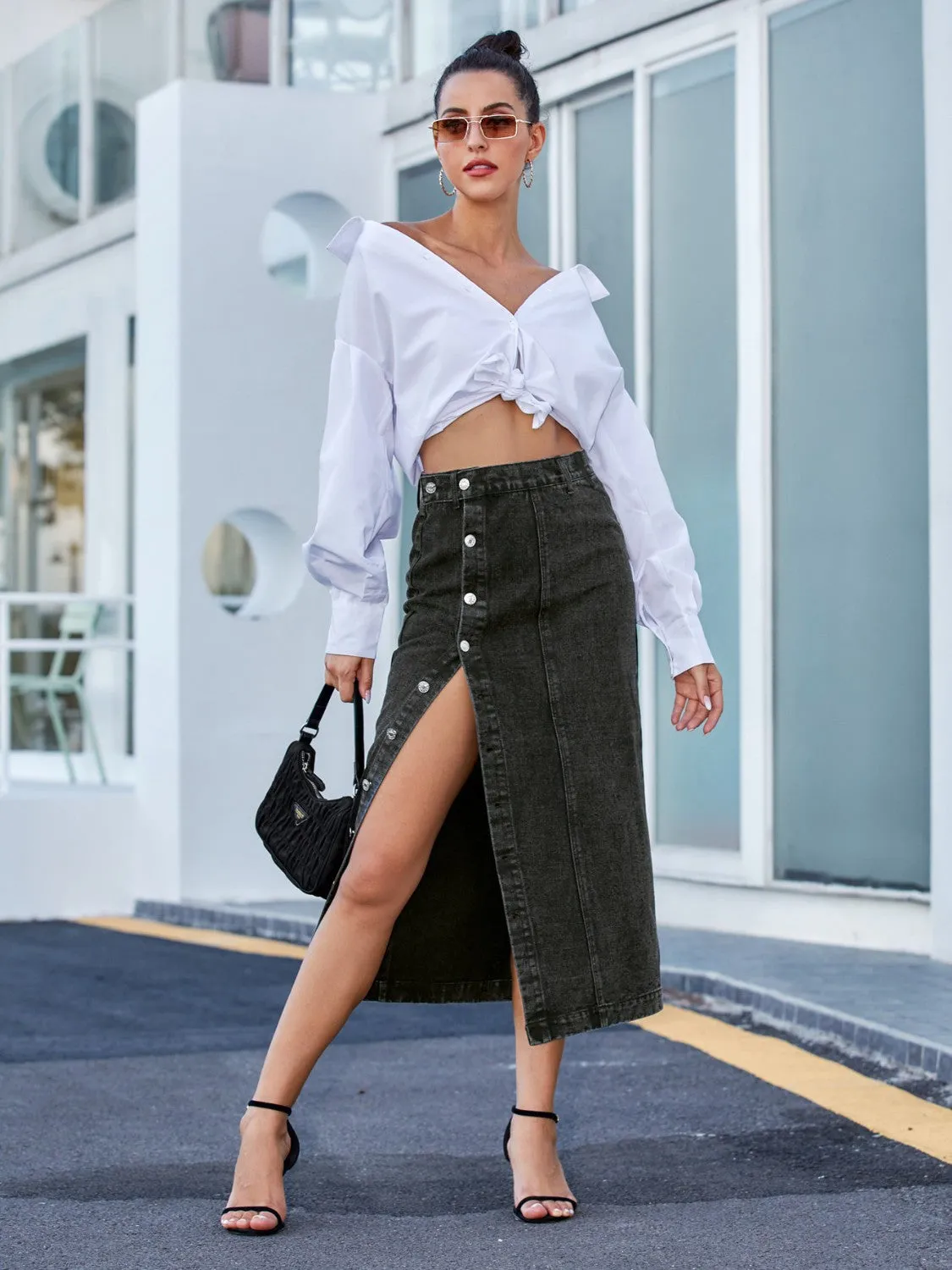 Black Button Down Denim Skirt