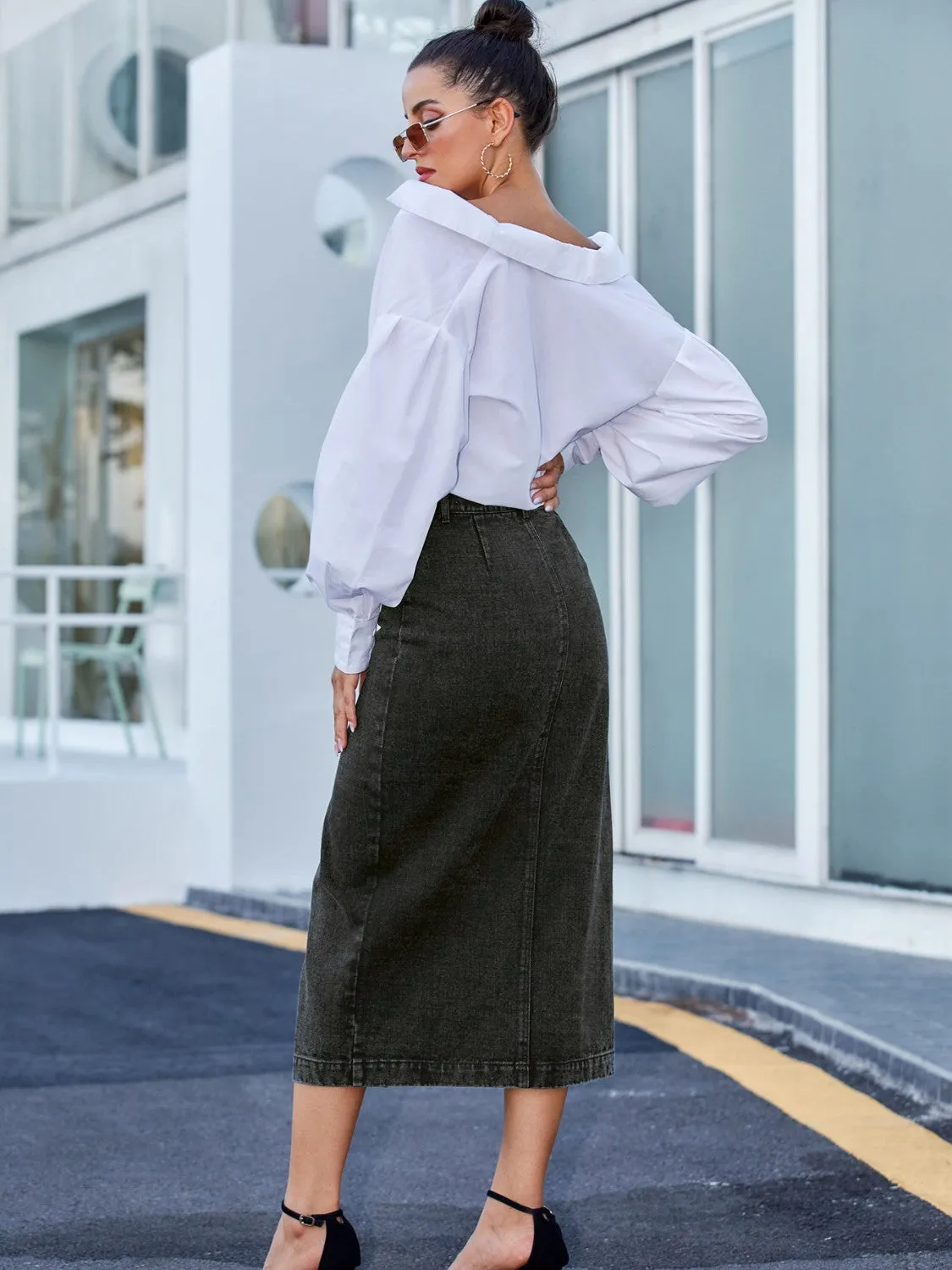 Black Button Down Denim Skirt