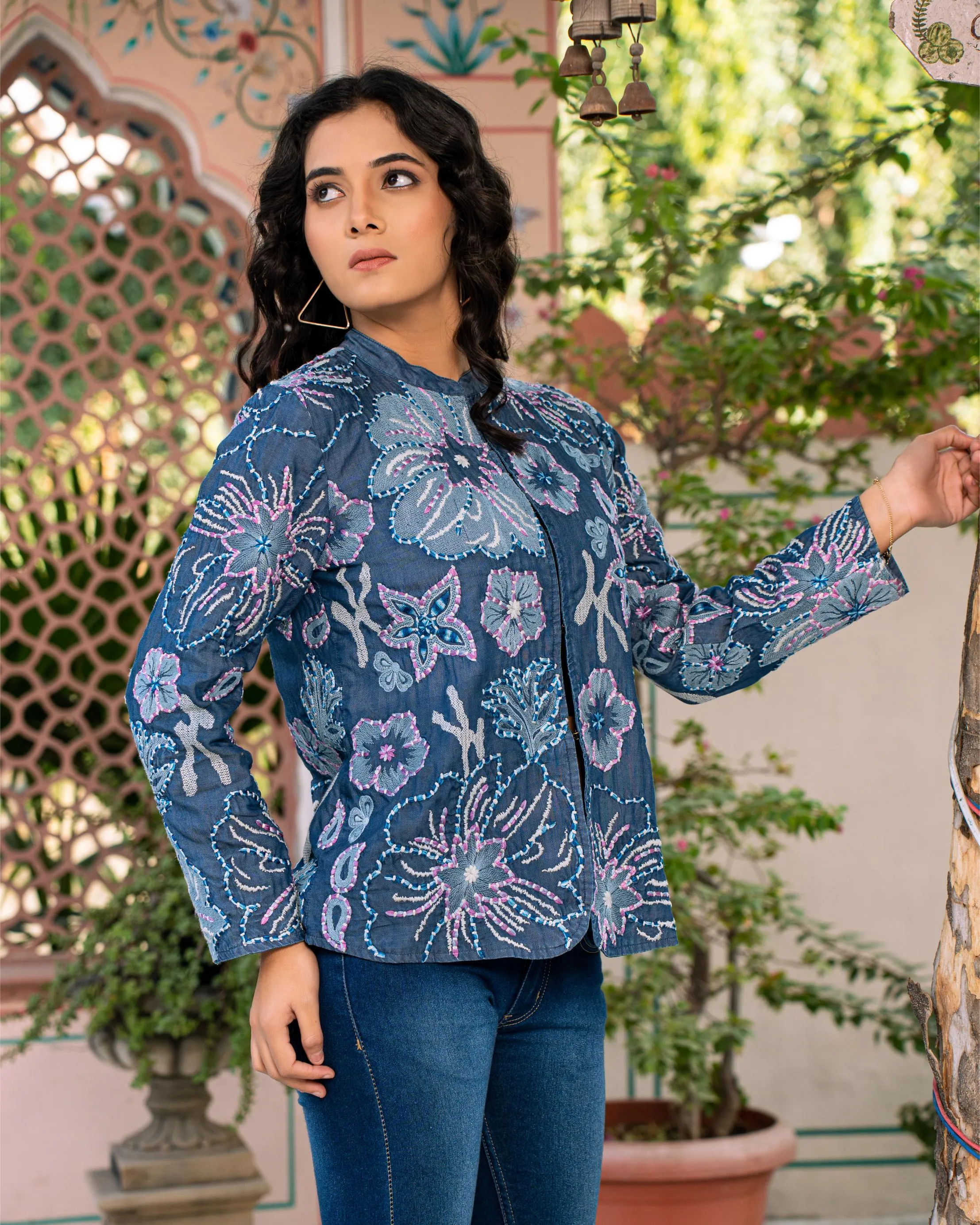 Blue Floral Embroidered French Cotton Jacket