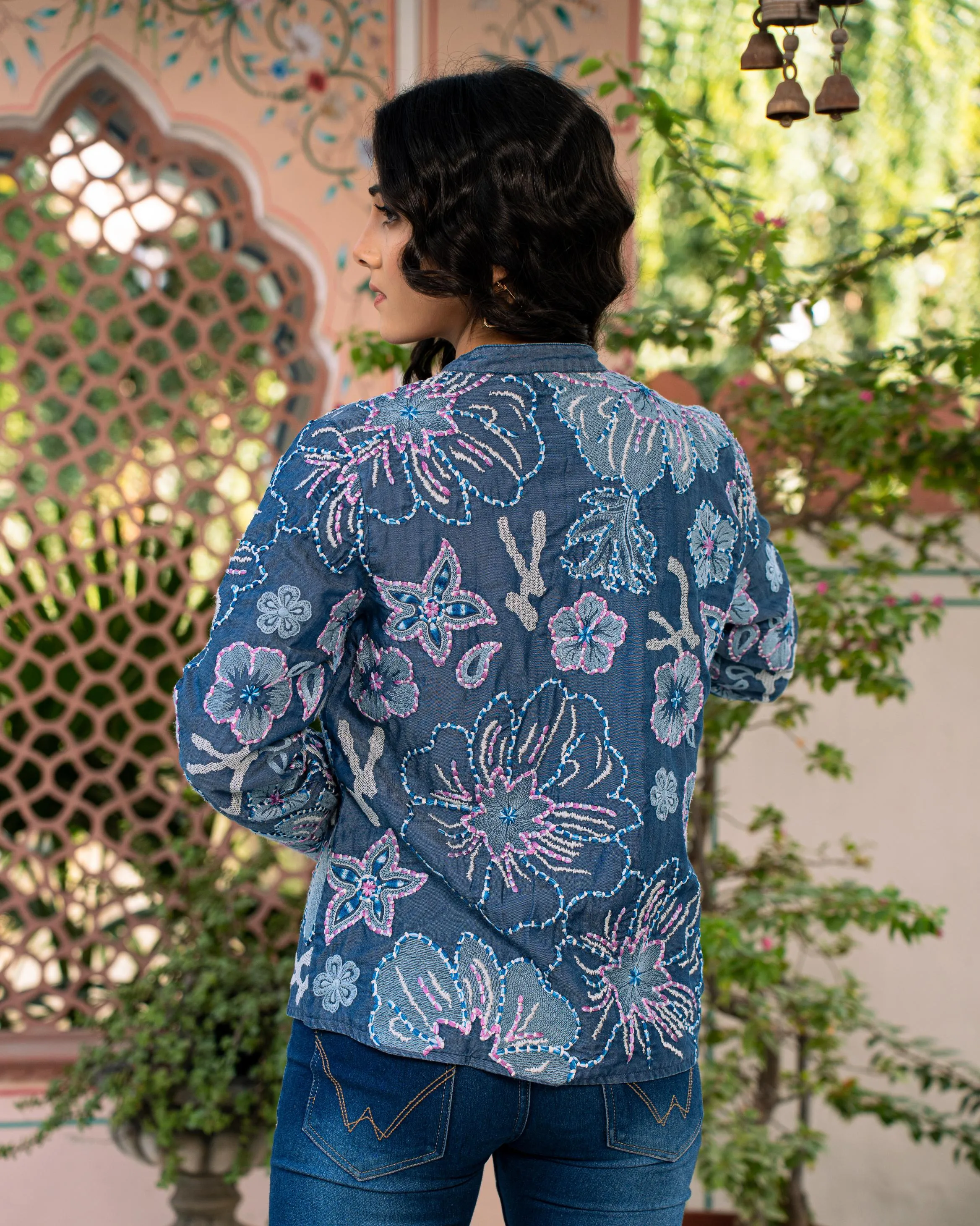 Blue Floral Embroidered French Cotton Jacket