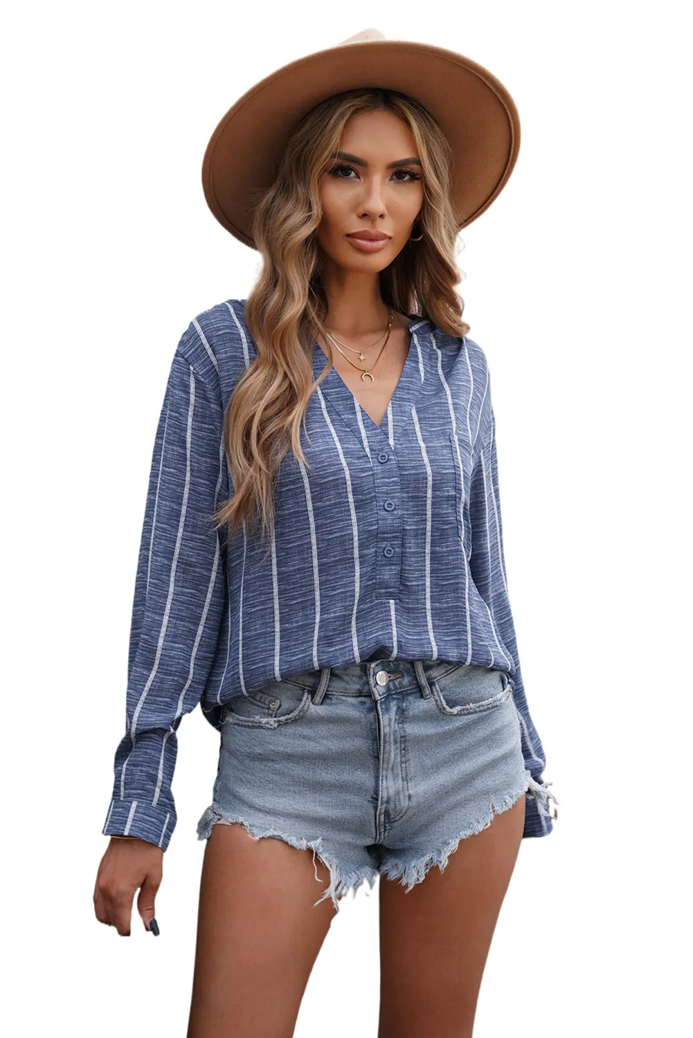 Blue Striped V Neck Pocket Long Sleeve Shirts