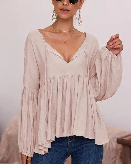 Bohemian Balloon Long Sleeve Relaxed Top in Taupe