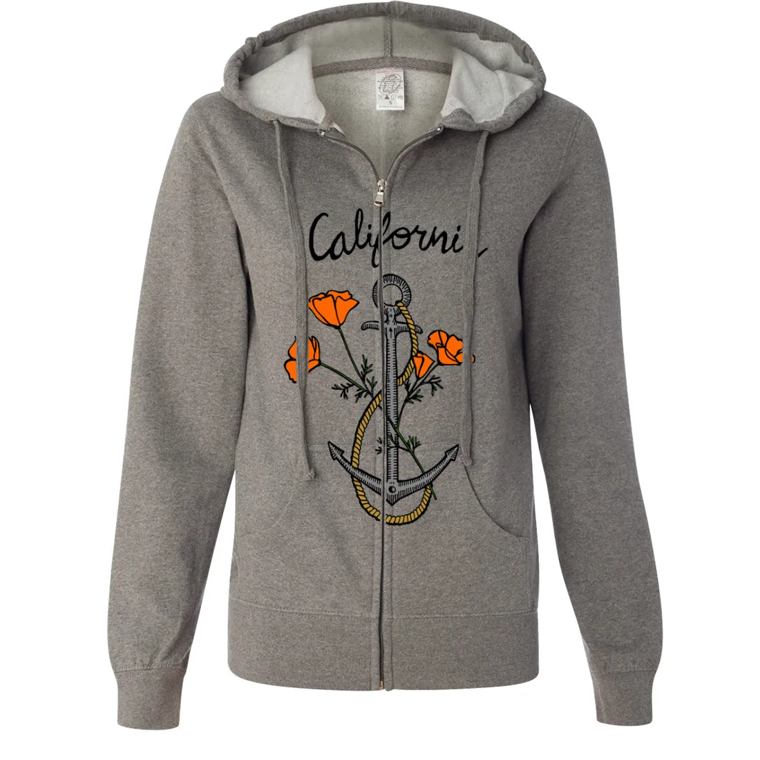 California Anchor Poppies Ladies Lightweight Fitted Zip-Up Hoodie