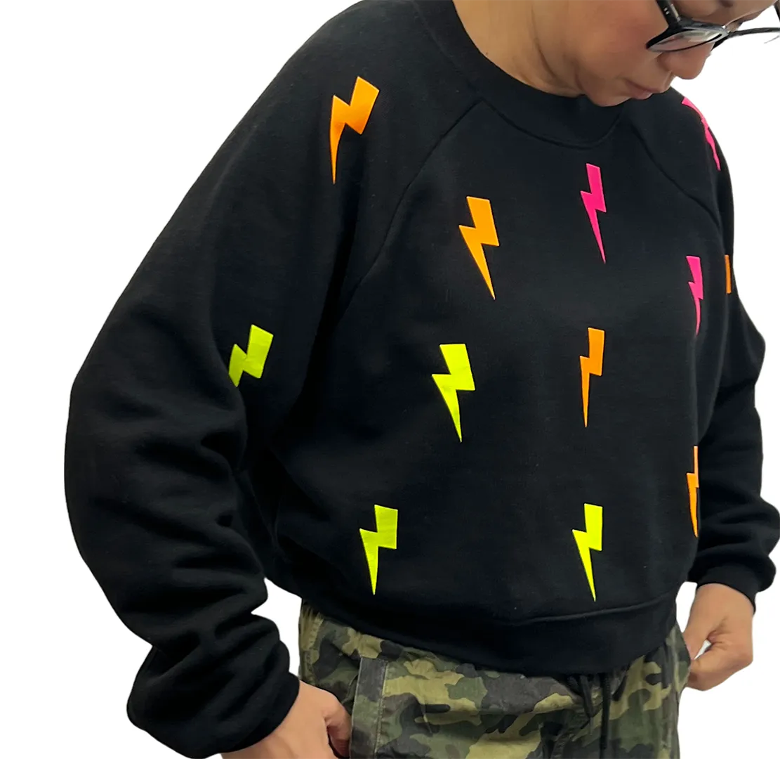 Casey Black Crewneck Sweatshirt - NEON lightning bolts