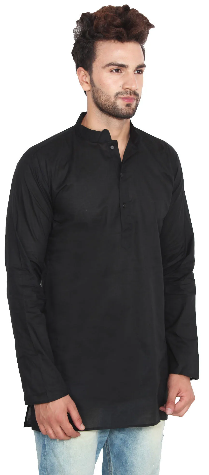 Cotton Dress Mens Short Kurta Shirt India Fashion Clothes (Black)