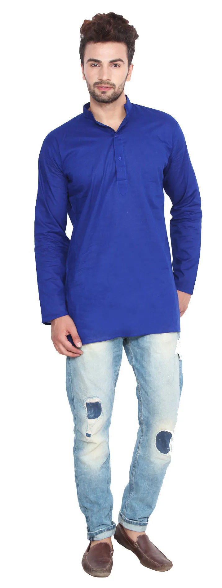 Cotton Dress Mens Short Kurta Shirt India Fashion Clothing (Blue)