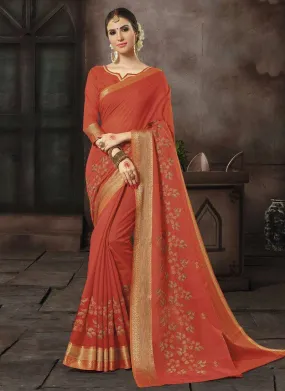 Cotton Silk Casual Wear Printed Work Saree- rust