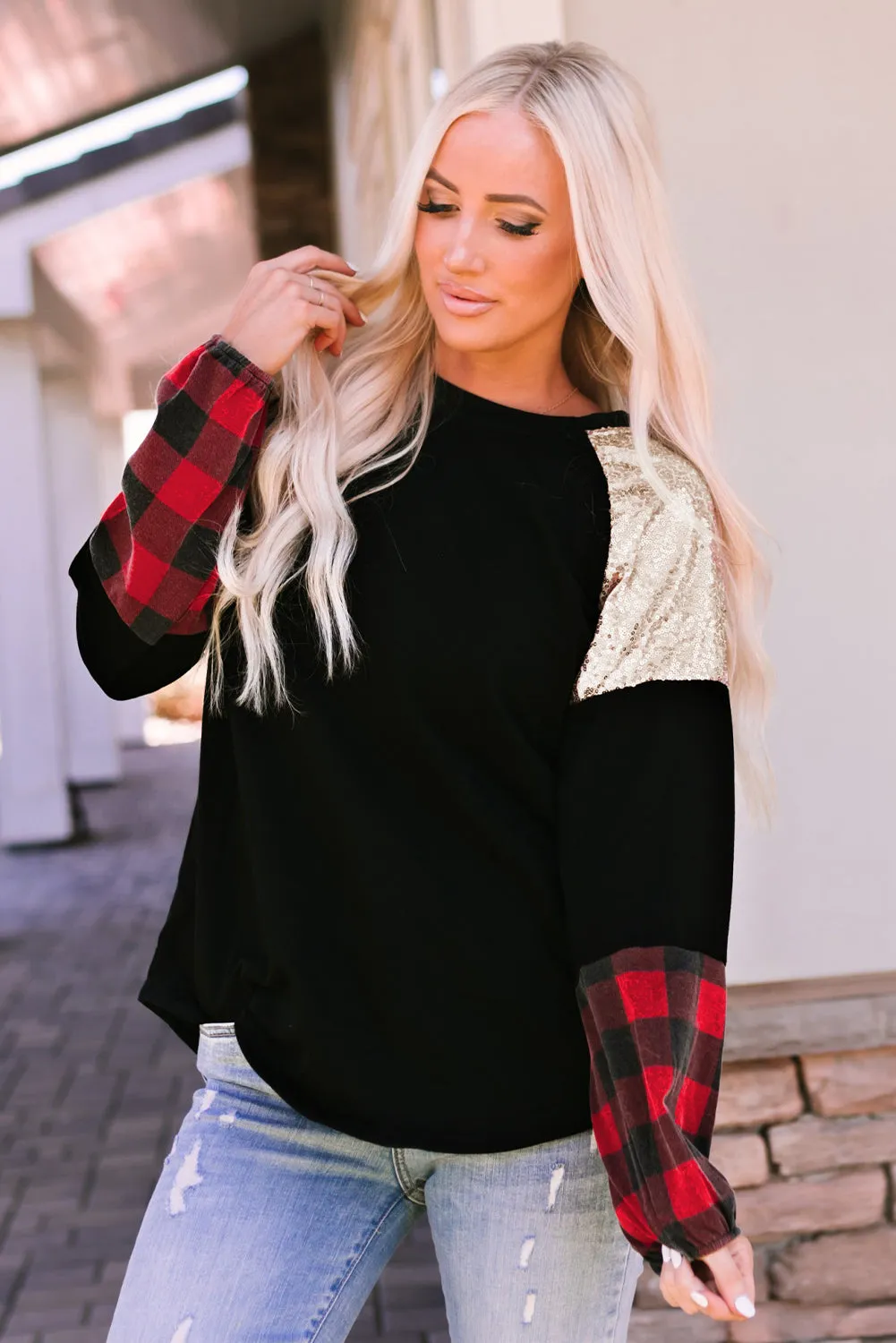 Crewneck Plaid Splicing Blouse