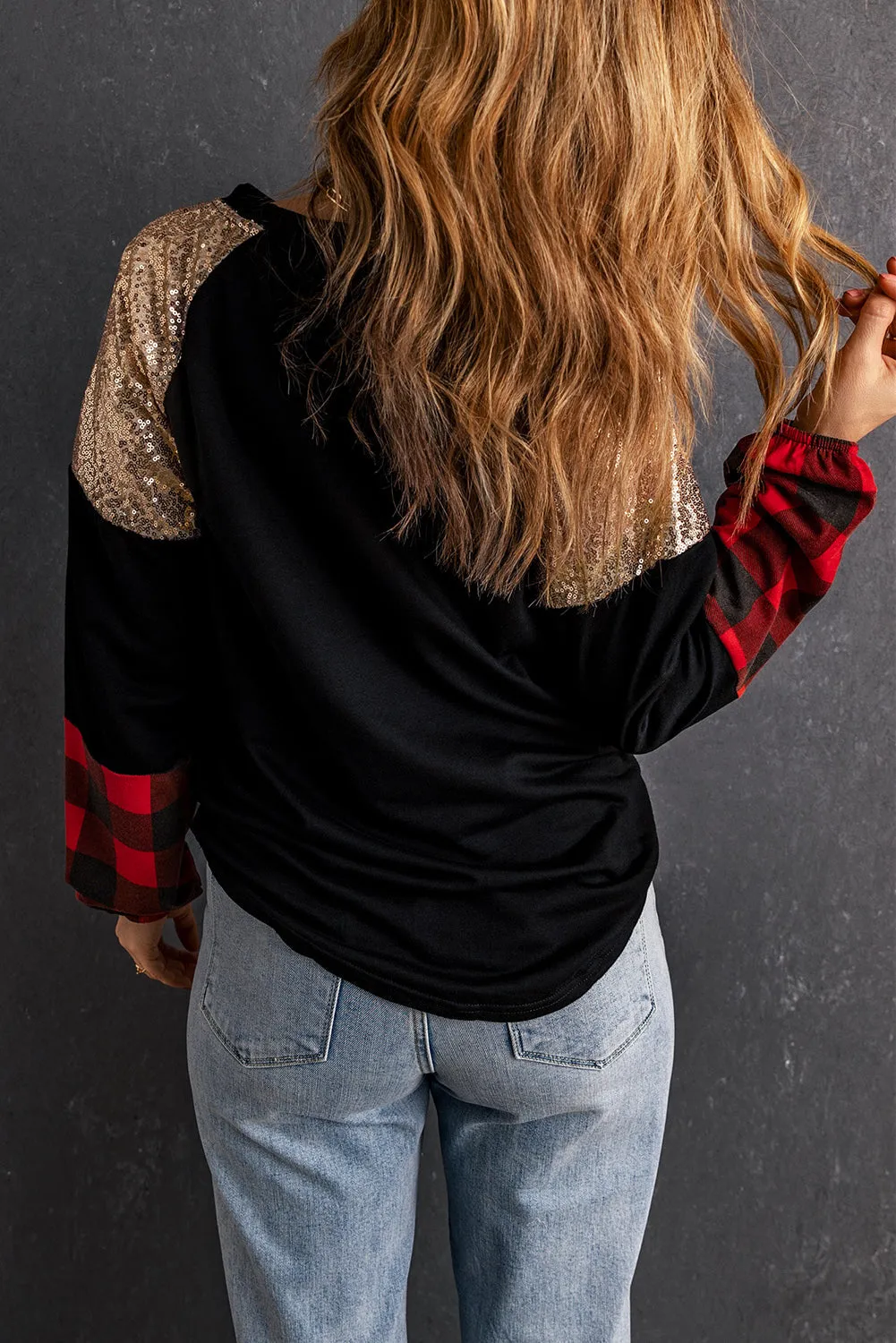 Crewneck Plaid Splicing Blouse