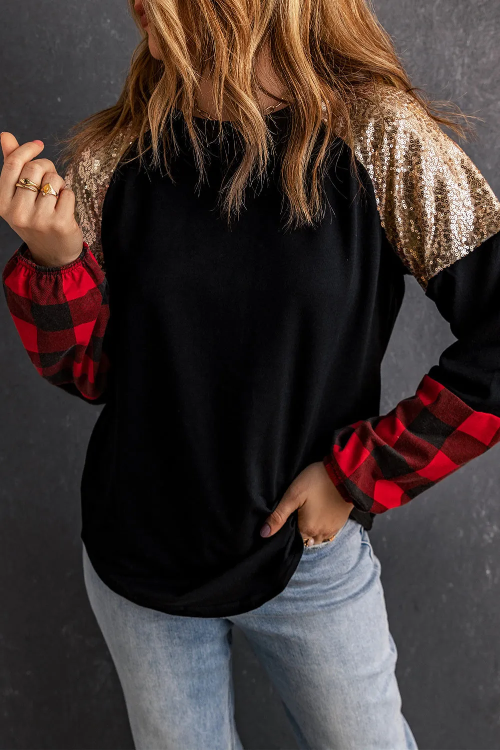 Crewneck Plaid Splicing Blouse