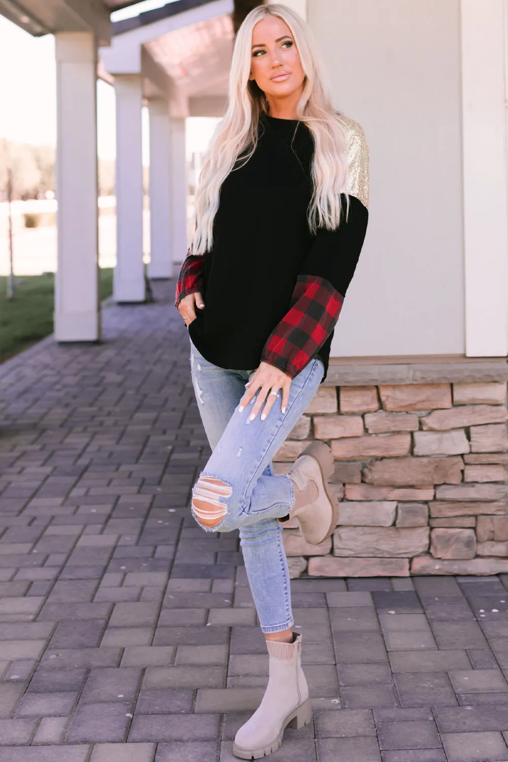 Crewneck Plaid Splicing Blouse