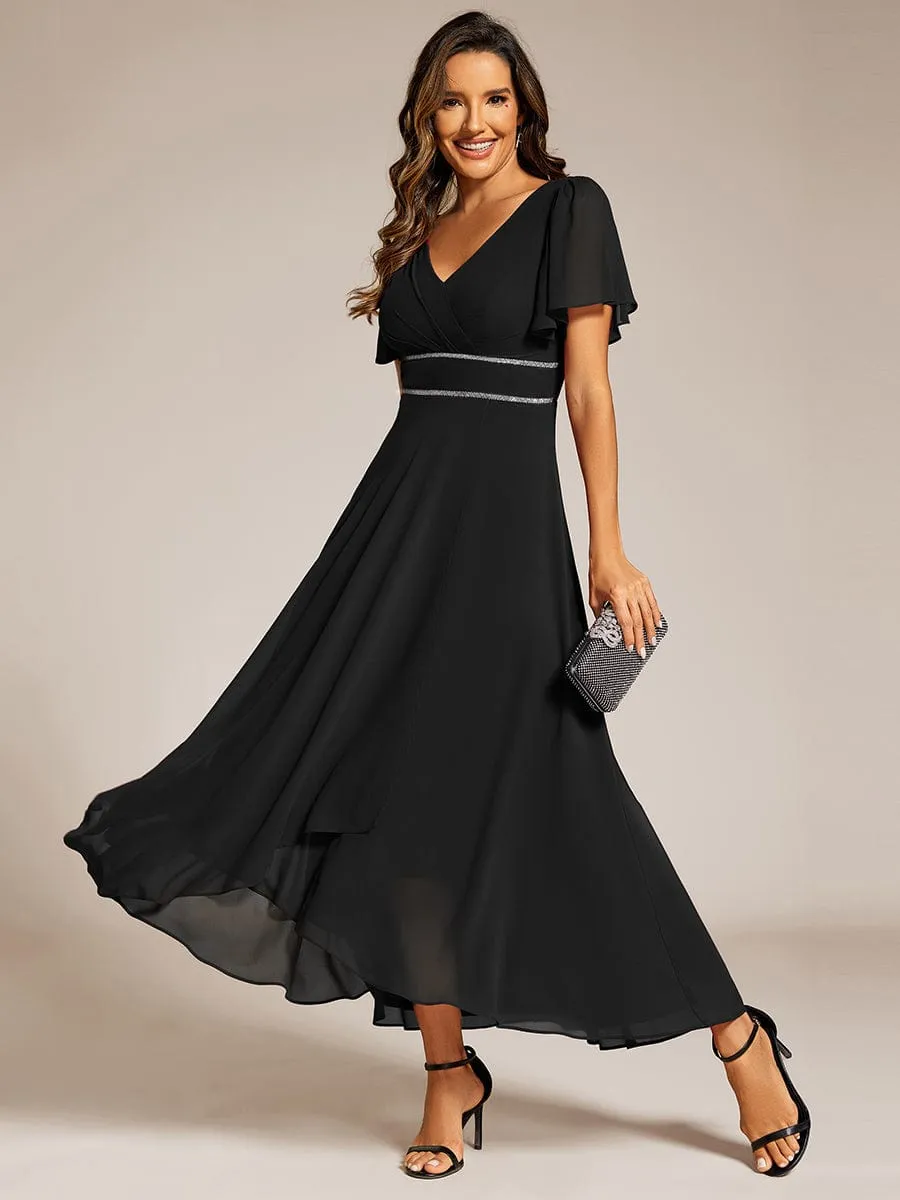 Double V-Neck Waist Trimmed Chiffon Formal Evening Dress