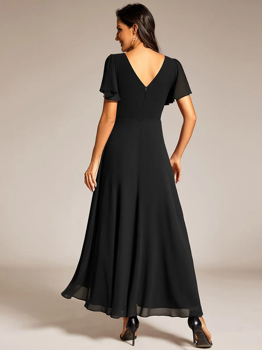 Double V-Neck Waist Trimmed Chiffon Formal Evening Dress