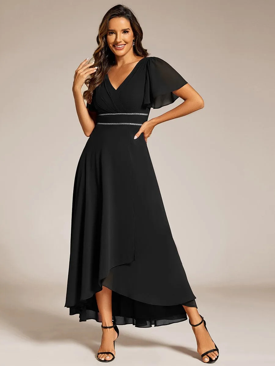 Double V-Neck Waist Trimmed Chiffon Formal Evening Dress