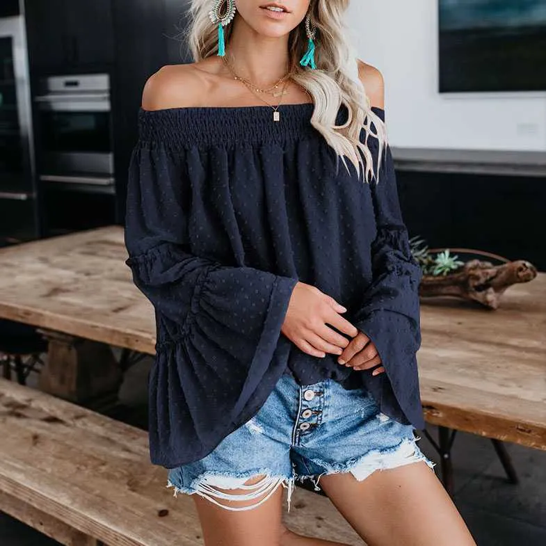 Embellished Polka Dots Oversized Chiffon off The Shoulder Tops long Puff Sleeve