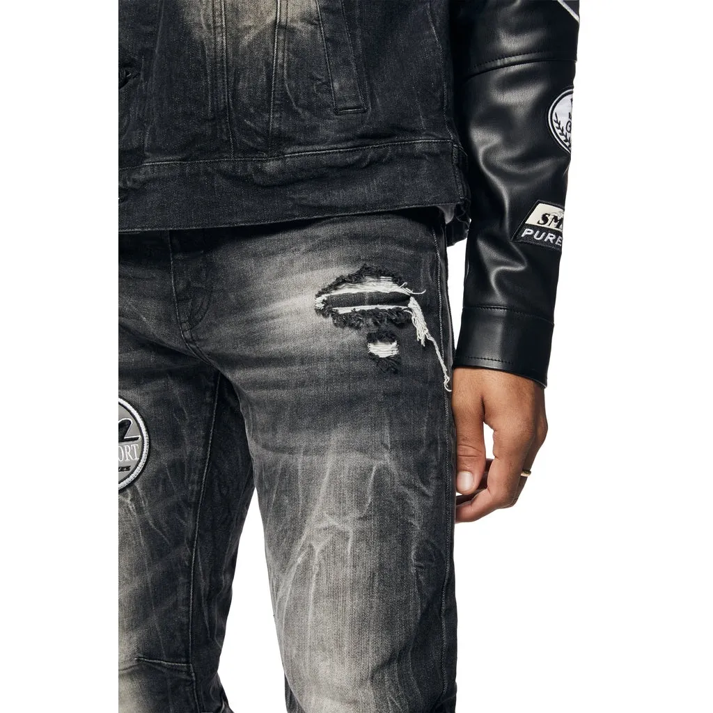 Embroidered Patched Racing Jean Jacket - Moon Black