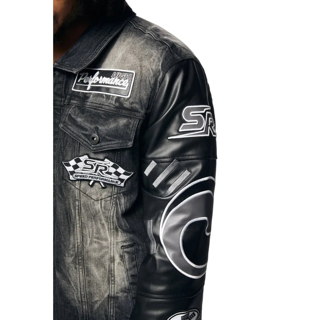 Embroidered Patched Racing Jean Jacket - Moon Black