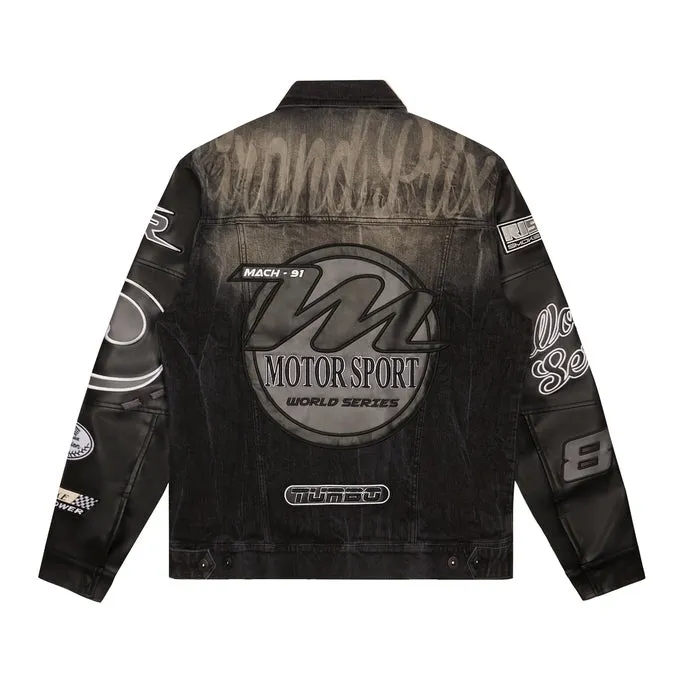 Embroidered Patched Racing Jean Jacket - Moon Black