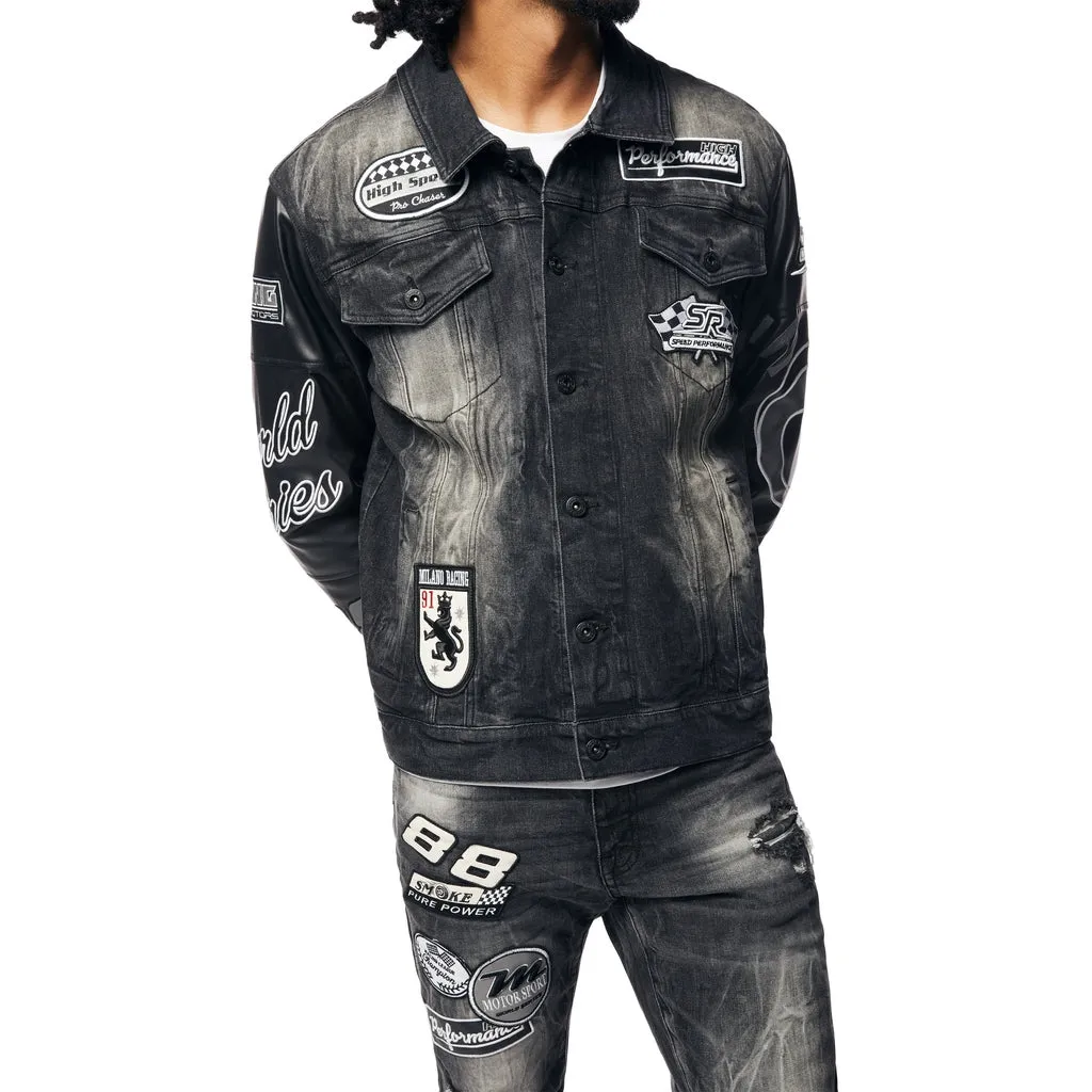 Embroidered Patched Racing Jean Jacket - Moon Black