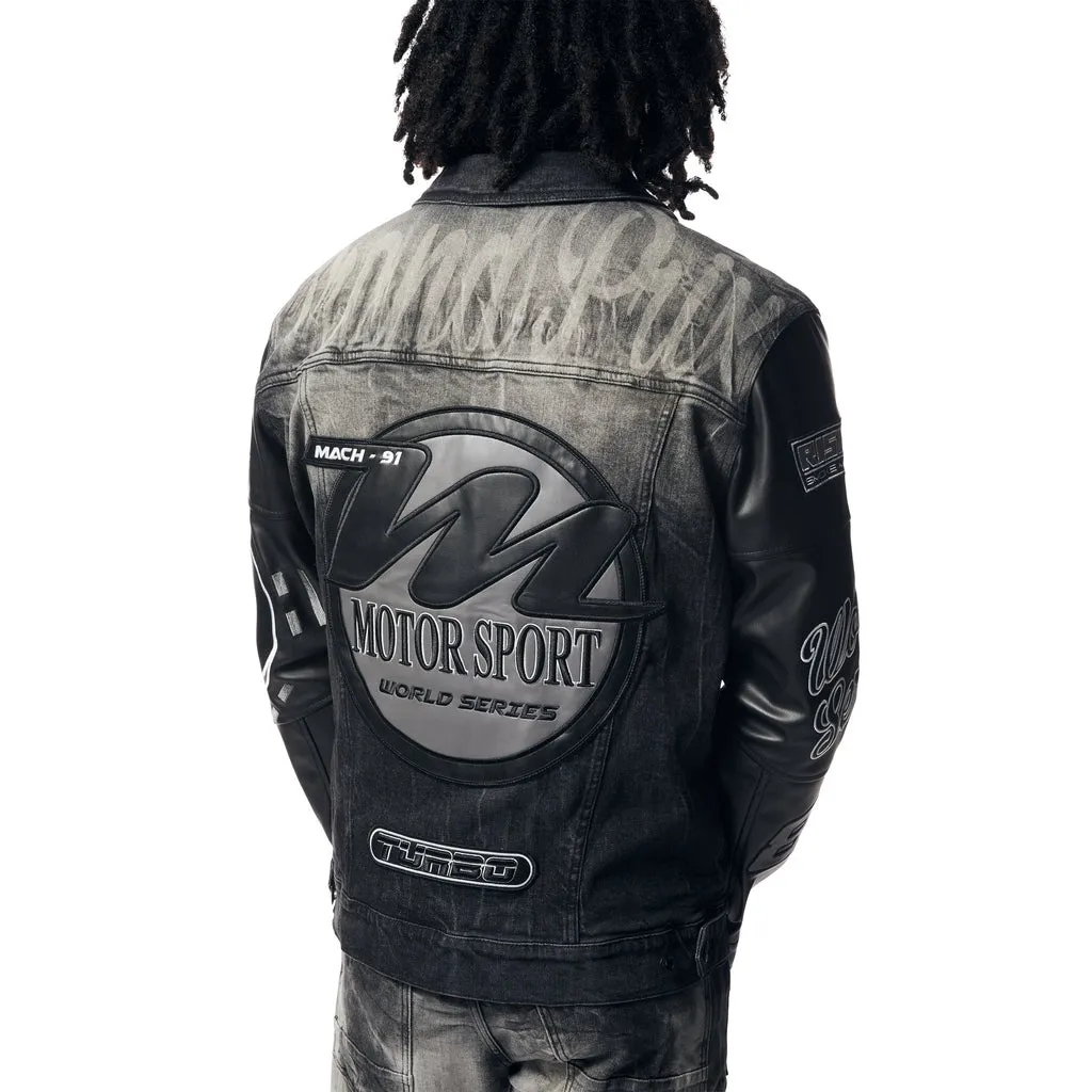 Embroidered Patched Racing Jean Jacket - Moon Black