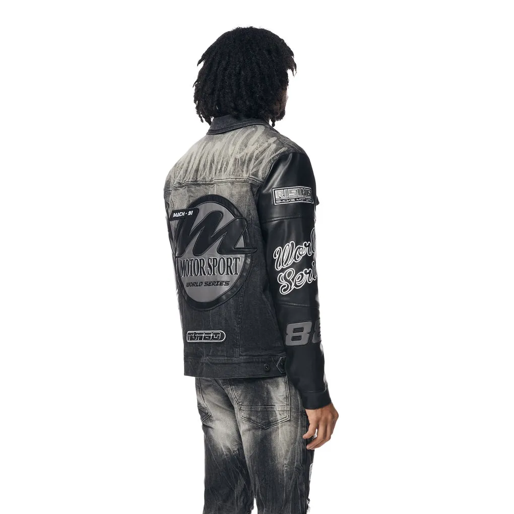 Embroidered Patched Racing Jean Jacket - Moon Black