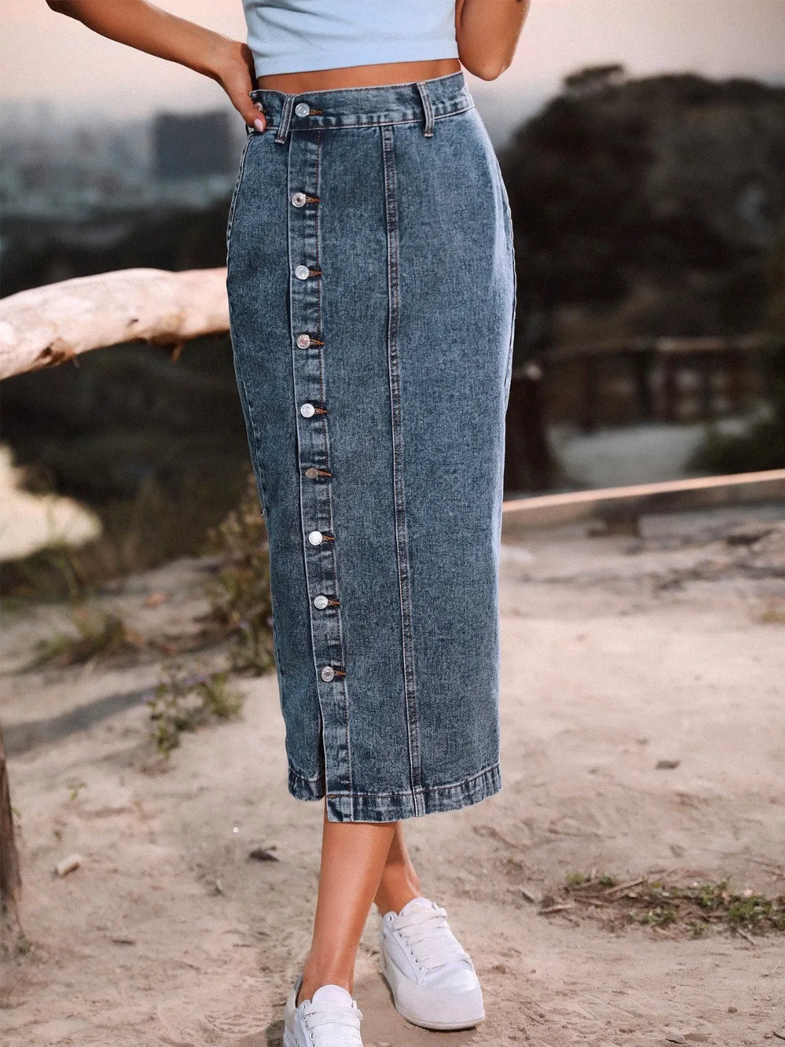 French Blue Button Down Denim Skirt