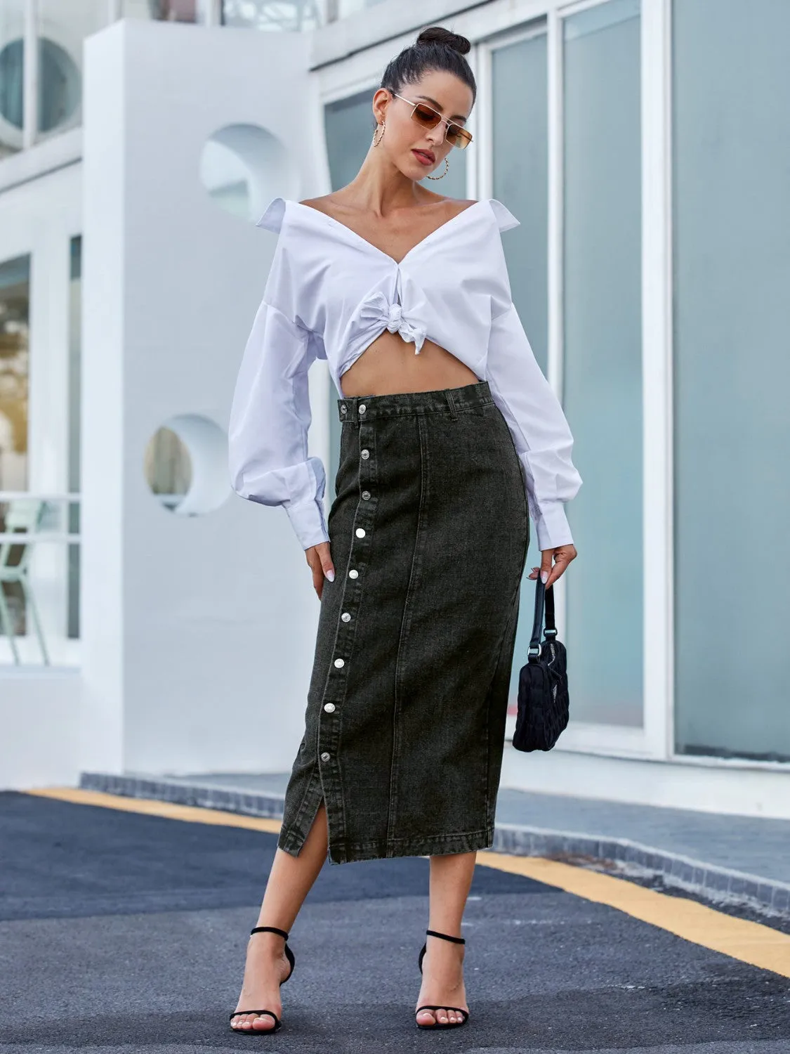 French Blue Button Down Denim Skirt