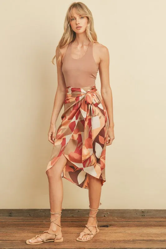 Geometric Palm Tulip Wrap Midi Skirt