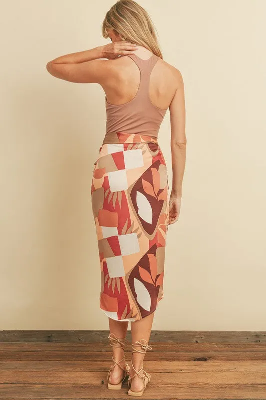 Geometric Palm Tulip Wrap Midi Skirt