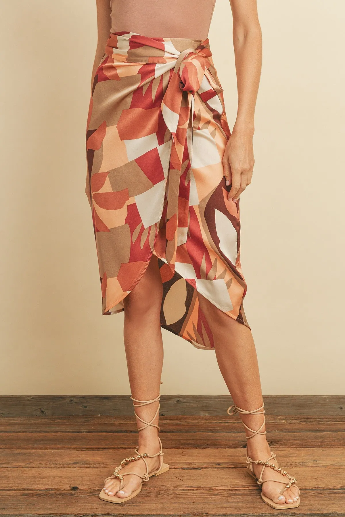 Geometric Palm Tulip Wrap Midi Skirt