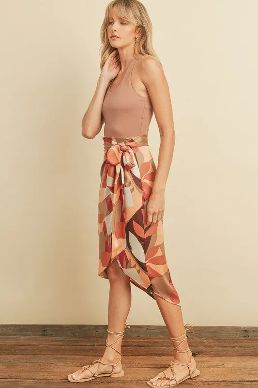 Geometric Palm Tulip Wrap Midi Skirt