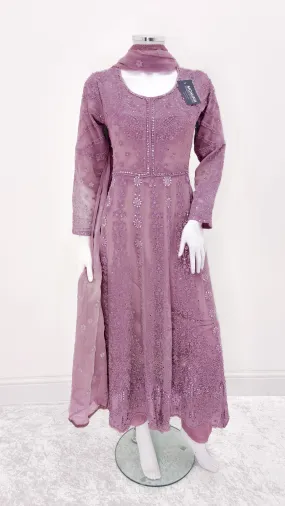 Grape-Purple Embroidered Chiffon Frock Suit