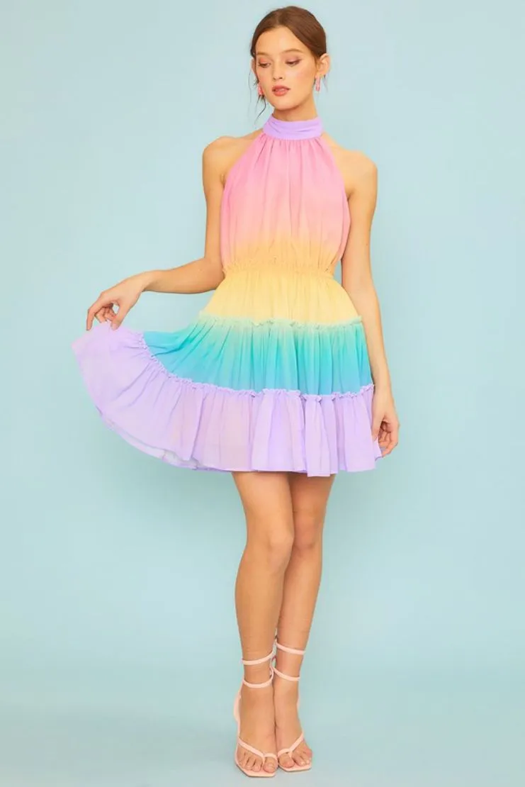 Hailey Rainbow Ombre Tiered Halter Mini Dress