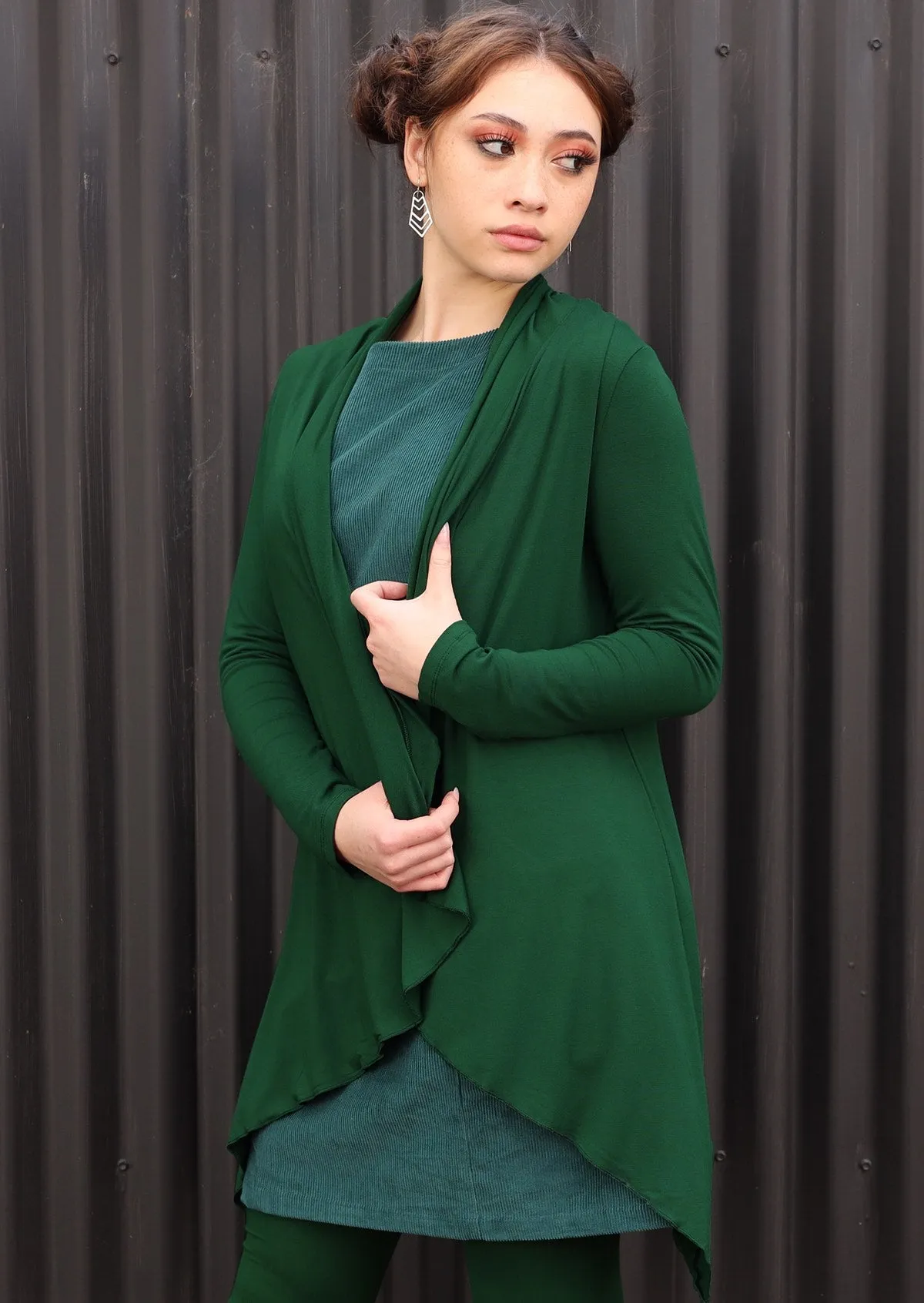 Irregular Hem Stretch Cardi Forest Green