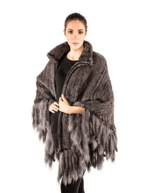 Knitted mink poncho with zipper & fringes