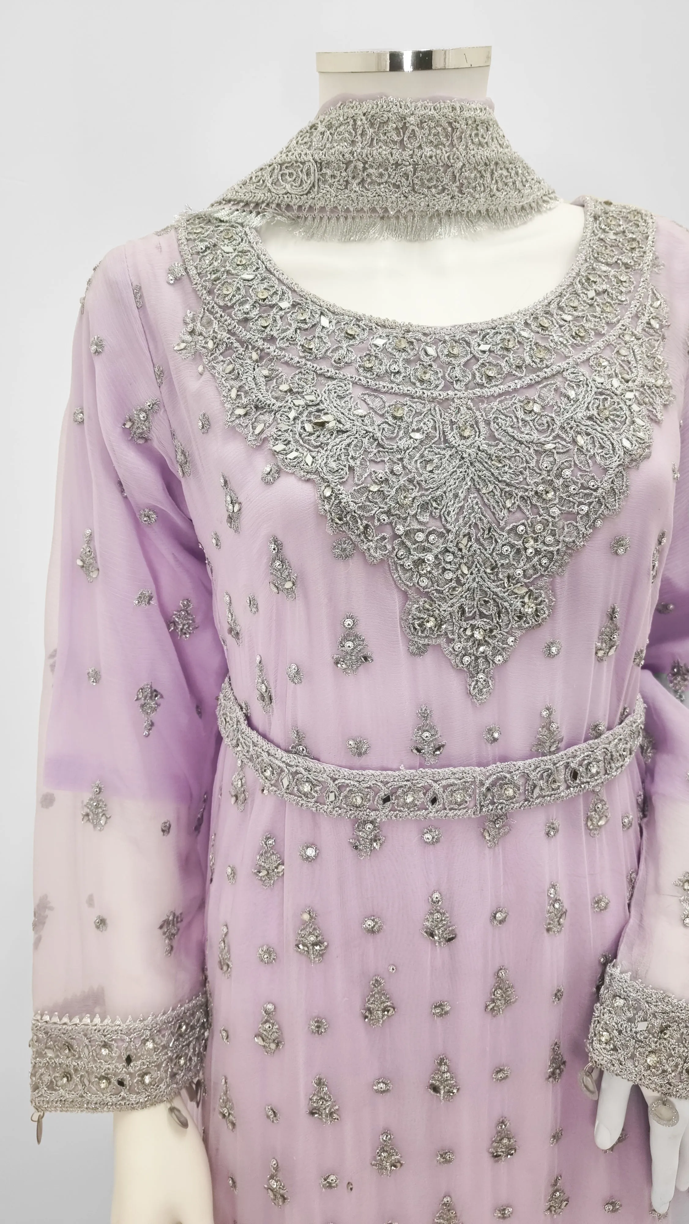 Lilac Embroidered Chiffon Suit with Palazzo & Belt