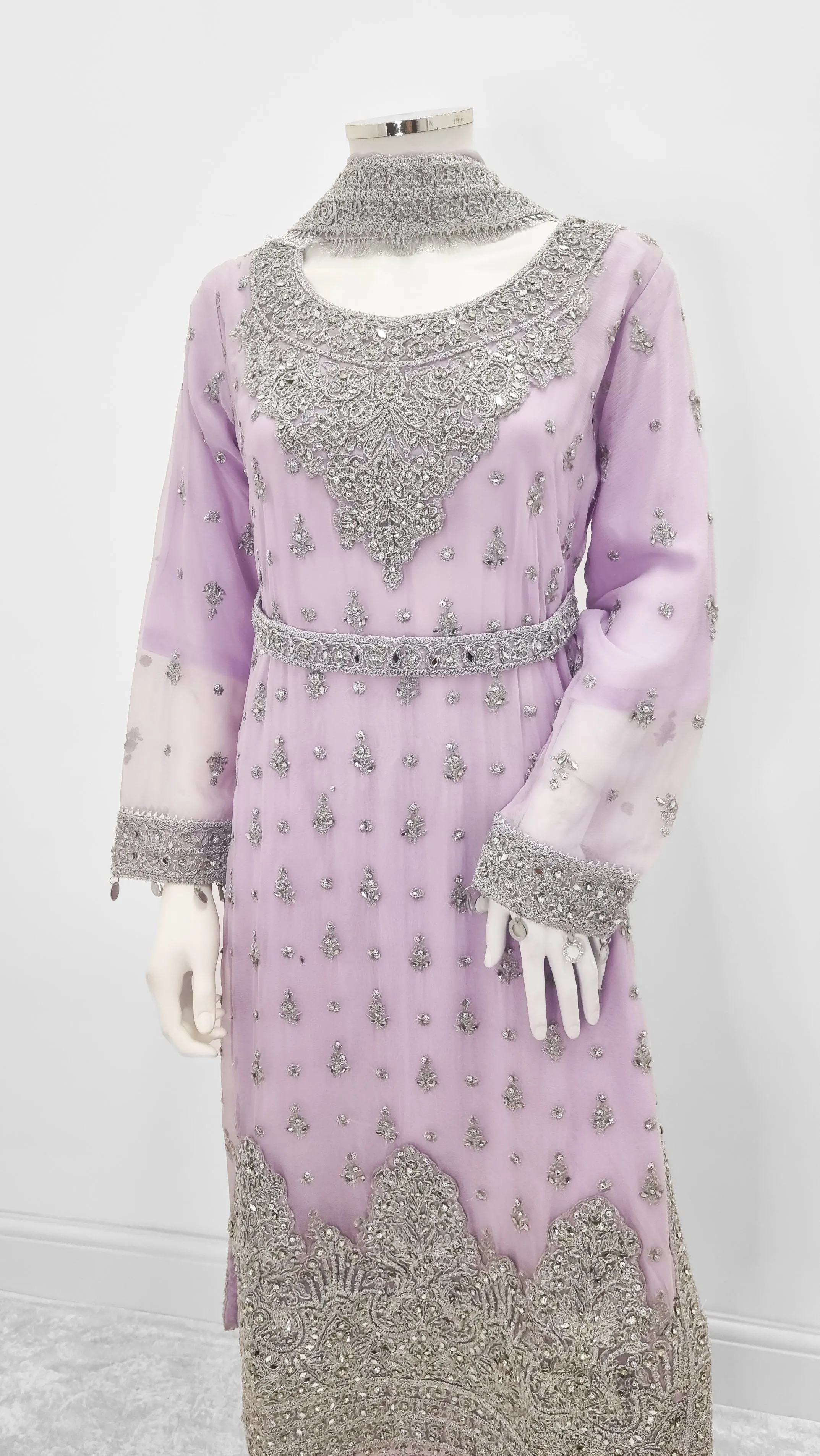 Lilac Embroidered Chiffon Suit with Palazzo & Belt