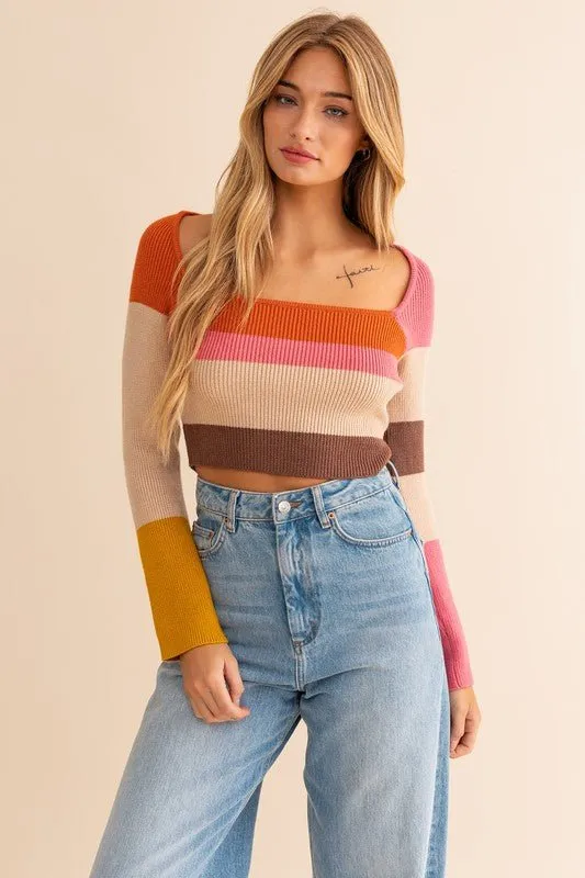 Long Sleeve Color Block Knit Top - Rust Pink Mix