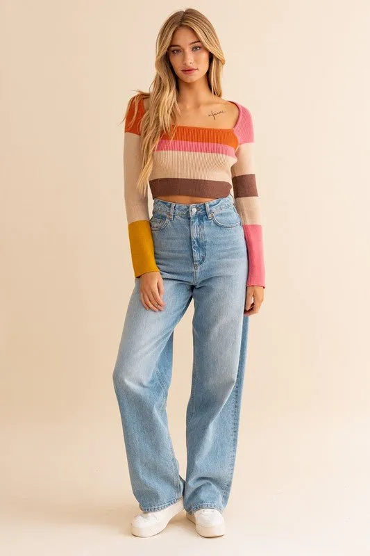 Long Sleeve Color Block Knit Top - Rust Pink Mix