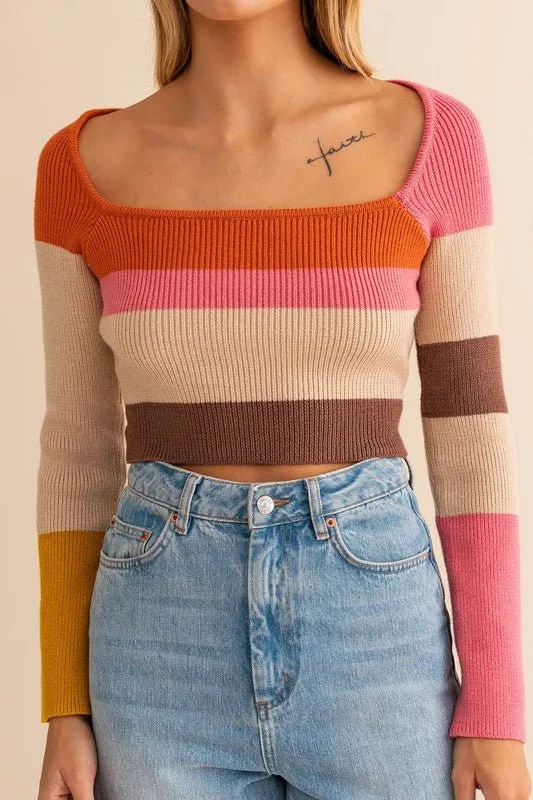 Long Sleeve Color Block Knit Top - Rust Pink Mix