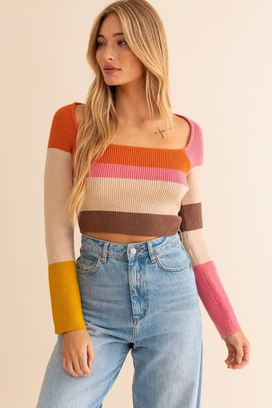 Long Sleeve Color Block Knit Top - Rust Pink Mix