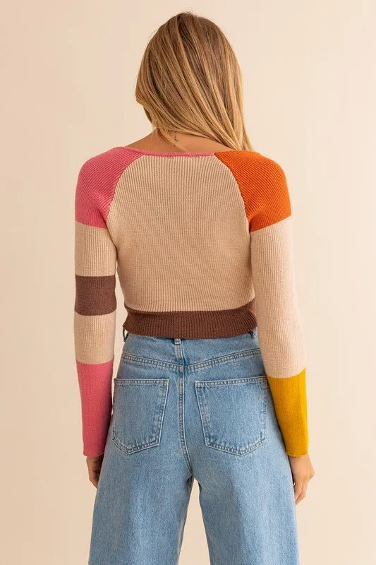 Long Sleeve Color Block Knit Top - Rust Pink Mix